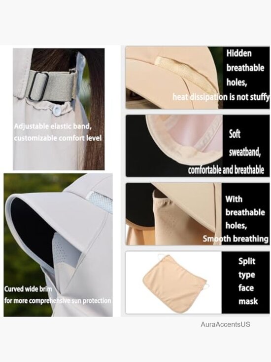 UPF50+ Sun Hat with Face Mask & Shawl, Large Brim, Lightweight, Outdoor